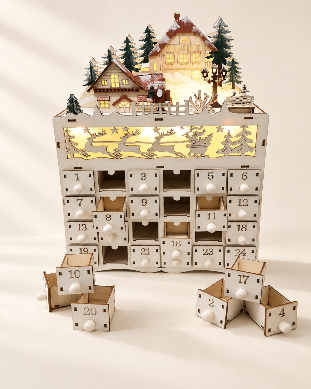 Calendrier de l’avent lumineux en bois naturel