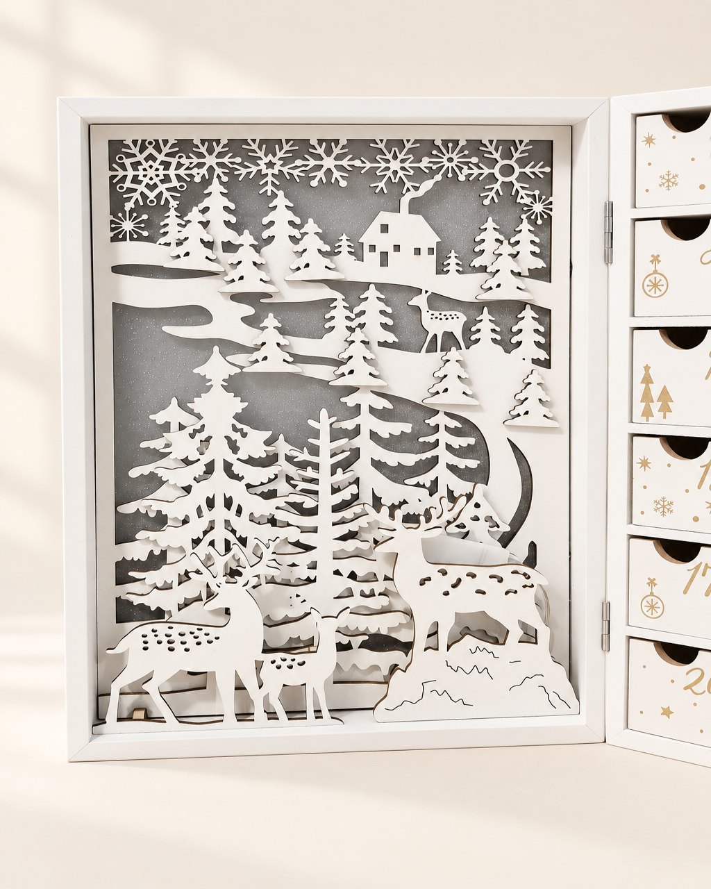 Calendrier de l’avent lumineux, cerf et sapin