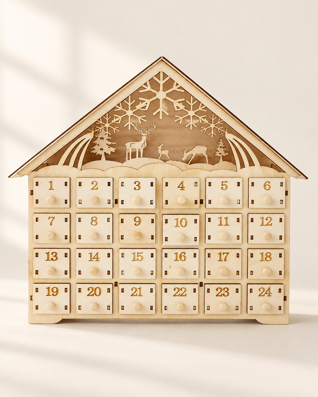 Calendrier de l’avent lumineux en bois, 24 tiroirs